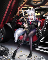  absurdres animal_ears ar-15 assault_rifle banknote benjamin_franklin black_gloves black_pantyhose black_skirt black_suit bolt_action bullet car car_interior cheytac_m200 collared_shirt dancing_wolf dollar_bill female flashlight fn_scar fn_scar_16 formal gloves gun h&amp;k_mp7 hair_between_eyes hair_ornament hairclip handgun highres long_hair m1911 miniskirt money motor_vehicle necktie optical_sight original pantyhose red_necktie rifle shirt sitting skirt skirt_suit sniper_rifle solo submachine_gun suit suppressor tail watch weapon white_hair white_shirt wristwatch yellow_eyes 