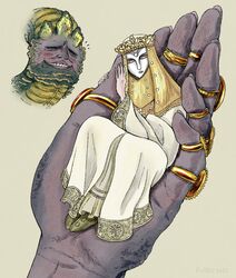  1boy commentary dress elden_ring emma_ward english_commentary female giant giant_male giant_monster highres holding_person hug jewelry lady_tanith_(elden_ring) long_sleeves mask multiple_rings ring rykard_lord_of_blasphemy smile spoilers straight veil white_dress 