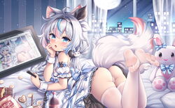  ahoge animal_ear_fluff animal_ears ass bare_shoulders black_hairband blue_eyes blue_hair blush candy chinese_commentary chocolate chocolate_bar chuor_(chuochuoi) commentary_request detached_sleeves drawing_tablet dress female food from_behind full_moon grey_hair hair_between_eyes hair_ornament hairband hand_up heart holding holding_stylus indoors legs_up long_hair looking_at_viewer looking_back low_twintails lying moon multicolored_hair night night_sky no_shoes on_stomach open_mouth original panties pink_hair puffy_short_sleeves puffy_sleeves rabbit_hair_ornament recursion short_sleeves sky soda_bottle soles solo star_(sky) starry_sky streaked_hair stuffed_animal stuffed_rabbit stuffed_toy stylus tail thighhighs transparent twintails twitter_username underwear white_dress white_panties white_sleeves white_thighhighs window wrist_cuffs 