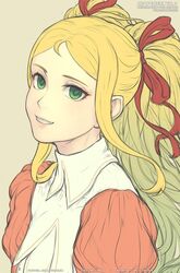  blonde_hair commentary female gofelem green_eyes hair_ribbon long_hair looking_at_viewer puffy_sleeves radiata_stories red_ribbon ribbon ridley_timberlake simple_background smile solo twintails unfinished watermark 