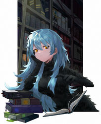  absurdres angela_(project_moon) aqua_hair black_dress book bookshelf breasts closed_mouth commentary dress female fur fur_dress hair_between_eyes hand_on_own_cheek hand_on_own_face highres kumo_(kumo_hsc0216) library library_of_ruina long_hair long_sleeves open_book orange_eyes project_moon slime_(substance) solo symbol-only_commentary upper_body 