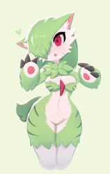  absurdres animal_ears breasts cleavage female furry furry_female gardevoir green_background green_hair hair_over_one_eye highres looking_at_viewer medium_breasts navel pokemon red_eyes short_hair simple_background solo uyu_(soda_uyu) 