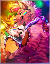  2019 anthro asexual_pride_colors aycee black_lips border brown_body brown_fur brown_nose canid canine claws closed_eyes clothed clothing colorful_theme digital_media_(artwork) duo fluffy fox fur genderfluid_pride_colors hug hyena kerchief kerchief_only lgbt_pride licking lips male mammal mohawk mostly_nude neckerchief neckerchief_only orange_body orange_fur pansexual_pride_colors pride_colors simple_background smile standing striped_hyena teeth text tongue tongue_out topless white_body white_fur 