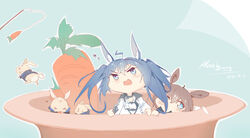  2girls alternate_animal_ears alternate_hairstyle amiya_(arknights) animal_ears arknights blaze_(arknights) blue_eyes blue_hair blush brown_hair carrot carrot_on_stick chibi chinese_commentary dated hair_between_eyes hairband highres jacket long_hair mixed-language_commentary multiple_girls open_mouth rabbit rabbit_ears red_hairband rlonely_zhuazi signature v-shaped_eyebrows very_long_hair white_jacket 