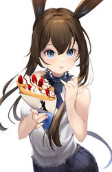  absurdres amiya_(arknights) animal_ears arknights bare_shoulders blue_eyes brown_hair chocolate_syrup crepe female food fruit hands_up highres long_hair looking_at_viewer rabbit_ears rabbit_girl shirt simple_background sleeveless sleeveless_shirt solo somray strawberry tongue tongue_out upper_body whipped_cream white_background white_shirt 