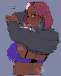  back blush bra dark-skinned_female dark_skin female grey_background looking_back ohasi original pink_(ohasi) pink_hair purple_bra ribbed_sweater short_hair solo steaming_body sweat sweater underwear undressing 