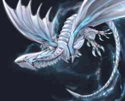  bioluminescence blue-eyes_alternative_white_dragon blue_eyes claws dragon duel_monster flying glowing highres night night_sky no_humans ryou_(cagw5223) sharp_teeth sky tail teeth wings yu-gi-oh! 