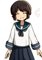  ^^^ absurdres alternate_costume alternate_sleeve_length black_hair blue_sailor_collar blue_skirt closed_eyes commentary_request facing_viewer female grin highres kantai_collection miyuki_(kancolle) pleated_skirt sailor_collar school_uniform serafuku short_hair simple_background skirt smile solo standing subprocedure white_background 