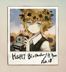  basil_(faraway)_(omori) basil_(omori) birthday black_vest blonde_hair blue_eyes camera collared_shirt commentary dated_commentary flower flower_wreath happy_birthday head_wreath highres holding holding_camera miyashita_miro omori photo_(object) shirt short_hair smile sunflower vest white_shirt 