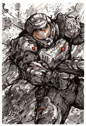  1boy armor assault_visor commentary doom_(series) doom_eternal doomguy english_commentary gun handgun helmet holding holding_gun holding_weapon ink_(medium) looking_ahead male_focus mycks orange_visor praetor_suit science_fiction smoke solo spot_color traditional_media weapon 