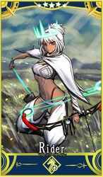  152_in_can altera_(fate) arrow_(projectile) bow_(weapon) card_(medium) card_parody compound_bow crown dark-skinned_female dark_skin detached_sleeves fate/grand_order fate_(series) female full-body_tattoo holding holding_arrow holding_bow_(weapon) holding_weapon looking_at_viewer quiver red_eyes servant_card_(fate/grand_order) short_hair single_sleeve star_(symbol) tattoo veil weapon white_hair 