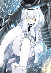  azur_lane bare_legs barefoot colored_skin commentary_request compiler_(azur_lane) dress feet female frilled_dress frills glowing glowing_eyes long_sleeves medium_hair pale_skin partial_commentary puffy_long_sleeves puffy_sleeves sidelocks siren_(azur_lane) sleeves_past_fingers sleeves_past_wrists solo toes very_long_sleeves white_dress white_hair white_skin yellow_eyes zetsuei_(zetto) 