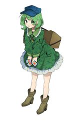  ability_card_(touhou) blue_hat boots box brown_footwear camouflage camouflage_dress camouflage_headwear camouflage_jacket card commentary dress female flat_cap full_body green_dress green_eyes green_hair hat high_heel_boots high_heels highres holding holding_card jacket key long_sleeves looking_at_viewer open_mouth pocket short_hair simple_background solo standing touhou white_background yamashiro_takane yugiri_(yugiri_picture) 