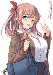  alternate_costume bag blue_eyes blush breasts brown_hair button_gap cleavage collared_shirt commentary_request duplicate ebifurya failure_penguin female hair_ornament hair_ribbon highres holding holding_bag kantai_collection large_breasts medium_hair miss_cloud one_eye_closed pixel-perfect_duplicate ponytail ribbon saratoga_(kancolle) school_uniform shirt shoulder_bag smile solo v white_background white_shirt 