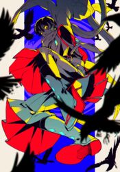  1boy animal arm_up armpit_cutout bird black_hair clothing_cutout colored_sclera colorful crow earrings flying hair_between_eyes hatching_(texture) highres jewelry long_sleeves male_focus nanora_(sero4) original parted_lips red_eyes wide_sleeves yellow_sclera 