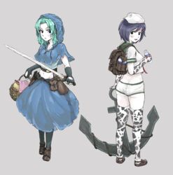  2girls anchor anchor_print animal_print ass backpack bag basket black_eyes black_gloves black_hair black_legwear blue_capelet blue_hair blue_skirt blush bottle breasts brown_footwear capelet closed_mouth colored_skin commentary_request cookie_(touhou) cow_print fingerless_gloves flour flour_(cookie) full_body gloves grey_background hat highres holding holding_basket holding_bottle holding_sword holding_weapon hood hood_up jewelry kumoi_ichirin looking_at_viewer looking_back medium_breasts medium_hair midriff milk milk_(cookie) milk_bottle multiple_girls murasa_minamitsu navel necklace open_mouth print_gloves print_thighhighs sailor_collar sailor_hat sailor_shirt shirt short_hair simple_background skirt small_breasts smile socks standing sword thighhighs touhou weapon white_skin yma 