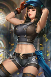  armpits belt belt_chain bike_shorts bike_shorts_under_shorts black_hair cabbie_hat crescent_belt_buckle denim denim_shorts female final_fantasy final_fantasy_vii final_fantasy_vii_remake gloves hat kyrie_canaan licking_lips linea_alba looking_at_viewer midriff mole mole_on_arm mole_on_armpit mole_on_stomach mole_on_thigh navel neoartcore photoshop_(medium) short_shorts shorts sleeveless solo stomach thighhighs tongue tongue_out veins veiny_thighs watermark 