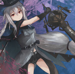  arknights ascot belt black_belt black_cape black_capelet black_gloves black_hat black_pants breasts cape capelet closed_mouth clothing_cutout commentary cowboy_shot female gloves grey_ascot grey_shirt hair_between_eyes hat highres holding holding_sword holding_weapon infection_monitor_(arknights) kiyakyuu long_hair looking_at_viewer medium_breasts pants red_eyes shirt skadi_(arknights) solo strap sword thigh_cutout thighs very_long_hair weapon white_hair 