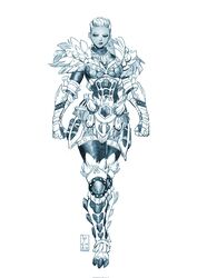  armor basarios_(armor) boobplate clenched_hands dark-skinned_female dark_skin english_commentary faulds female frills full_armor full_body gauntlets goss_harag_(armor) greaves highres knee_pads looking_to_the_side monochrome monster_hunter_(character) monster_hunter_(series) monster_hunter_rise pechan short_hair solo standing thighhighs very_short_hair white_background 