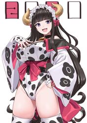  2021 :d animal_print bell black_choker black_hair blunt_bangs bow breasts bridal_gauntlets chinese_zodiac choker collar corset cow_horns cow_print cowbell cowboy_shot female groin hand_on_own_chest hand_on_own_hip highres horns large_breasts leotard long_hair looking_at_viewer low-tied_long_hair maid_headdress michitaro_smile neck_bell new_year open_mouth original pink_bow purple_eyes simple_background smile solo teeth thighhighs thighs upper_teeth_only very_long_hair white_background white_thighhighs wide_sleeves year_of_the_ox 