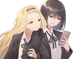  2girls arm_hug bangs_pinned_back black_hair blonde_hair cellphone grey_eyes hairband holding_another&#039;s_arm jacket kirarazaka_marina kuze_shizuka long_hair multiple_girls nagute neck_ribbon open_clothes open_jacket phone ribbon school_uniform short_hair simple_background smartphone takopii_no_genzai white_background yellow_eyes 