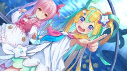  2girls :d ahoge amakawa_hano aqua_hair aquarium bettle_(b_s_a_n) blonde_hair blue_wristband bow dress fish hair_ornament hairbow hairclip highres himekuma_ribon holding_hands indoors long_hair long_sleeves looking_at_viewer multicolored_hair multiple_girls open_mouth pink_hair pointing purple_eyes rainbow_hair_ornament re:act red_eyes sleeveless sleeveless_dress smile star_(symbol) star_hair_ornament two-tone_hair two_side_up virtual_youtuber white_dress wristband 