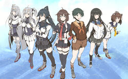  6+girls ahoge akanbe arms_behind_back artist_name black_gloves black_hair black_necktie black_sailor_collar black_shirt black_skirt black_wristband blue_background blue_eyes blue_sailor_collar border braid breasts brown_eyes brown_hair brown_sailor_collar brown_serafuku brown_shirt brown_shorts buttons closed_mouth collared_shirt commentary_request corset cowboy_shot dated double-breasted dress epaulettes eyelid_pull finger_to_eye fingerless_gloves fuyutsuki_(kancolle) gloves green_eyes grey_background grey_eyes grey_hair grey_jacket grey_neckerchief grey_skirt hachimaki hair_between_eyes hair_flaps hair_over_shoulder hair_ribbon hand_on_own_chest headband headgear highres isokaze_(kancolle) jacket jacket_on_shoulders kantai_collection large_breasts leaning_forward long_hair long_sleeves looking_at_viewer medium_breasts mogami_(kancolle) mogami_kai_ni_(kancolle) multiple_girls neckerchief necktie one_eye_closed one_side_up open_mouth orange_neckerchief pleated_skirt ponytail red_eyes red_necktie ribbon sailor_collar sailor_dress school_uniform scrunchie serafuku shigure_(kancolle) shigure_kai_san_(kancolle) shirt short_hair shorts sidelocks signature simple_background single_braid skirt sleeveless sleeveless_shirt smile speaking_tube_headset suzutsuki_(kancolle) swept_bangs taira_yuuki tongue tongue_out tress_ribbon twitter_username two-tone_shirt unworn_clothes upper_body very_long_hair white_background white_border white_gloves white_headband white_neckerchief white_skirt yahagi_(kancolle) yahagi_kai_ni_(kancolle) yellow_neckerchief yellow_ribbon yukikaze_(kancolle) zettai_ryouiki 