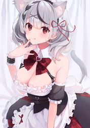  absurdres alternate_costume animal_ear_fluff animal_ears apron bare_shoulders black_hair blush breasts cat_ears cat_girl cat_tail cleavage enmaided female frilled_apron frills grey_hair heart heart_pendant highres hololive kashuu_(pixiv_66328082) kemonomimi_mode large_breasts maid maid_apron maid_headdress medium_hair multicolored_hair nail_polish red_eyes sakamata_chloe solo streaked_hair tail tongue virtual_youtuber waist_apron white_apron 