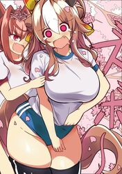  2girls adjusting_shirt ahoge animal_ears arm_grab black_thighhighs blue_buruma breasts brown_hair buruma cherry_blossoms commentary copano_rickey_(umamusume) copyright_request cowboy_shot daiwa_scarlet_(umamusume) double_bun double_vertical_stripe earrings grey_headwear gym_shirt gym_uniform hair_bun hair_intakes highres horse_ears horse_girl horse_tail jewelry large_breasts long_hair looking_at_viewer multicolored_hair multiple_girls oerba_yun_fang open_mouth petals purple_eyes red_eyes saliva shirt shirt_tug short_sleeves single_earring skindentation standing t-shirt tail tearing_up tears thighhighs tiara tree two-tone_hair umamusume wahiko_(black_bastard) white_hair 