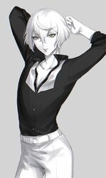  1boy androgynous arms_behind_head arms_up bad_id bad_pixiv_id belt collarbone collared_shirt cowboy_shot dress_shirt hair_between_eyes higekiri_(touken_ranbu) highres long_sleeves looking_at_viewer male_focus monochrome oshage_(osyage921) pants parted_lips pectoral_cleavage pectorals shirt short_hair simple_background solo spot_color touken_ranbu yellow_eyes 