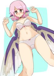  arms_up be_yu bra breasts earrings female highres jewelry looking_down mystia_lorelei panties pants solo touhou underwear wings 