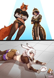  3girls animal_ears apu_spills_his_tendies_(meme) artist_name bandaged_arm bandages black_panties blush brown_capelet brown_footwear brown_gloves brown_shorts bunny_(d-rex) cake cake_slice capelet d-rex dark-skinned_female dark_skin food fork fox_ears fox_girl fox_tail fur_capelet gloves helmet highres looking_at_viewer looking_down lying meme multiple_girls navel on_stomach orange_hair original panties plate purple_thighhighs rabbit_ears rabbit_girl rabbit_tail red_eyes short_hair shorts shoulder_plates tail thighhighs underwear white_hair 