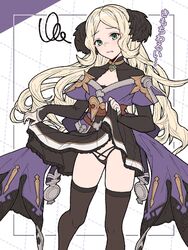  black_panties blonde_hair border clothes_lift disgust dotted_line dress dress_lift female granblue_fantasy green_eyes grid_background highres ll_0109 long_hair mireille_(granblue_fantasy) outside_border panties solo squiggle thighhighs translation_request underwear 