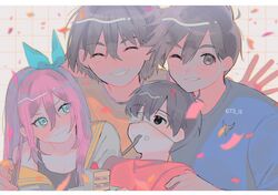  3boys ^_^ aqua_bow aqua_eyes aqua_hairband aubrey_(faraway)_(omori) aubrey_(omori) black_eyes black_hair black_tank_top blue_shirt blush bow bow_hairband cake cake_slice closed_eyes commentary_request eyepatch female food fork grey_eyes grin hair_between_eyes hairband hairbow hand_on_another&#039;s_shoulder hero_(faraway)_(omori) hero_(omori) highres jacket kel_(faraway)_(omori) kel_(omori) long_hair medical_eyepatch multiple_boys omori one_eye_closed one_eye_covered orange_tank_top pink_hair red_shirt sailor_collar shirt short_hair smile sunny_(omori) superdiviatomic tank_top utensil_in_mouth v-shaped_eyebrows white_jacket yellow_sailor_collar 