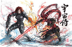  2girls alien colored_skin commander_shepard commander_shepard_(female) commentary commission crossover darth_talon energy_sword english_commentary fighting fire gun handgun holding holding_gun holding_weapon lightsaber m-77_paladin mass_effect_(series) mass_effect_3 multiple_girls mycks omni-blade painting_(medium) red_hair red_skin science_fiction sith star_wars star_wars:_legacy sword tentacle_hair traditional_media twi&#039;lek watercolor_(medium) weapon wrist_blades 