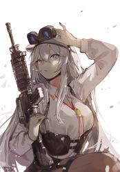  absurdres animal_ears assault_rifle black_nails breasts dated dokuro_deluxe eyewear_on_head female grey_eyes grey_hair gun highres holding holding_gun holding_weapon hololive large_breasts lion_ears long_hair m4_carbine machine_gun night_vision_device oerba_yun_fang official_alternate_costume official_alternate_hairstyle pantyhose rifle shirt shishiro_botan shishiro_botan_(button-down) signature virtual_youtuber weapon white_shirt 