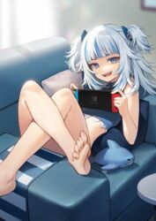  :d absurdres alternate_costume bare_arms bare_legs bare_shoulders barefoot blue_eyes blue_shirt chair crop_top feet female gawr_gura grey_hair hair_ornament highres holding hololive hololive_english legs_up long_hair looking_at_viewer lying midriff mmlyno multicolored_hair nintendo_switch on_back on_chair open_mouth petite reclining sharp_teeth shirt sitting_sideways sleeveless sleeveless_shirt smile soles solo streaked_hair teeth toes two_side_up virtual_youtuber 