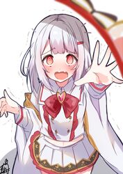  blush brooch crop_top female granblue_fantasy headband heart heart_brooch jewelry medium_hair navel omuretsu open_mouth pov reaching reaching_towards_viewer red_eyes solo trembling unworn_headwear vikala_(granblue_fantasy) wavy_mouth white_hair 