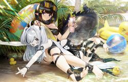  &gt;_&lt; 2girls arknights asymmetrical_hair ball barefoot beach beachball black_hair blue_eyes bracelet brown_hair bubble_tea cup duplicate eunectes_(arknights) feet goggles grey_hair hair_ornament hair_over_one_eye hair_ribbon highres inflatable_duck innertube jewelry legs looking_at_viewer lying multicolored_hair multiple_girls o-ring on_stomach open_mouth outdoors palm_tree pointy_ears ribbon rubber_duck sand sitting songchuan_li spread_toes sunlight swim_ring swimsuit tail toenails toes tomimi_(arknights) tree twintails water yellow_eyes 