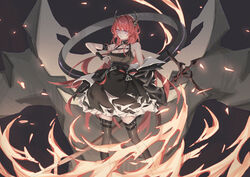  absurdres arknights bare_shoulders black_dress black_thighhighs breasts cleavage closed_mouth commentary_request dress female fire highres horns long_hair looking_at_viewer medium_breasts pink_eyes polearm red_hair sleeveless sleeveless_dress solo spear standing surtr&#039;s_golem_(arknights) surtr_(arknights) thighhighs very_long_hair weapon ysy_(ysy_0219) 