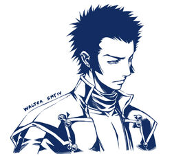  1boy cropped_torso ear_piercing male_focus monochrome piercing raykit scarf shin_megami_tensei shin_megami_tensei_iv simple_background spiked_hair walter_(megami_tensei) white_background 