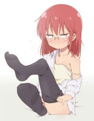  adjusting_clothes adjusting_legwear black_thighhighs blush feet female flat_chest flying_sweatdrops hair_down hair_tie hair_tie_in_mouth kobayashi-san_chi_no_maidragon kobayashi_(maidragon) medium_hair motokazu_(dontokodon) mouth_hold no_shoes off_shoulder red_eyes red_hair semi-rimless_eyewear shirt sitting solo tank_top thighhighs white_shirt yellow_tank_top 