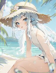  alternate_costume and_uge beach blue_shorts blue_sky blunt_bangs blush collared_shirt commentary day feet_out_of_frame female flat_chest flower grey_hair hat hat_flower highres joints leaf_hat_ornament leaning_forward long_hair looking_at_viewer low_twintails medium_bangs nanashi_inc. ocean open_mouth outdoors palm_tree pink_flower robot_joints sand shirt short_shorts shorts sidelocks sitting sky sleeveless sleeveless_shirt solo sun_hat symbol-only_commentary thick_eyebrows tongue tongue_out tree twintails usamata virtual_youtuber water white_shirt 