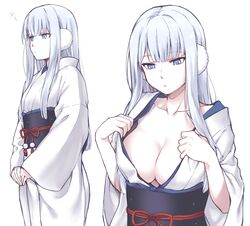  blue_eyes blunt_bangs breasts cleavage collarbone commentary_request earmuffs expressionless female highres japanese_clothes kimono long_hair medium_breasts multiple_views original parted_lips sash simple_background undressing upper_body very_long_hair white_background white_hair white_kimono wide_sleeves yagi_(ningen) yuki_onna yukimi_(yagi) 