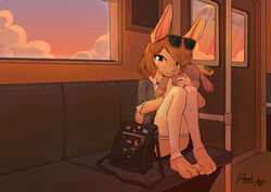  3_toes absurd_res anthro asphk bag barefoot bent_legs bottomwear chair clothed clothing cloud domestic_rabbit door ears_up eyewear eyewear_on_head feet female freckles fur furniture glistening glistening_clothing glistening_legwear hi_res hug hugging_object hugging_plushie inside_train knees_pulled_up lagomorph leg_warmers legs_together legwear leporid light lighting looking_at_viewer mammal on_chair oryctolagus paws pin_(disambiguation) pink_inner_ear plushie public public_transportation rabbit rabbit_plushie raised_bottomwear raised_clothing raised_skirt rapid_transit rolled_up_sleeves satchel school_uniform shaded signature sitting sitting_on_chair skirt solo subway sunglasses sunglasses_on_head sunset tan_body tan_fur thigh_highs toes train uniform vehicle white_clothing white_leg_warmers white_legwear white_thigh_highs window yulia_(bakedbunny) 