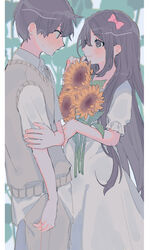  1boy alternate_universe aubrey_(faraway)_(omori) aubrey_(omori) black_hair blush bow brown_pants brown_sweater_vest collared_shirt commentary_request cowboy_shot dress female flower grey_eyes hair_between_eyes hairbow highres holding holding_flower long_hair omori pants pink_bow puffy_short_sleeves puffy_sleeves shirt short_hair short_sleeves straight string string_around_finger string_of_fate sunflower sunny_(omori) superdiviatomic sweater_vest very_long_hair white_dress white_shirt 