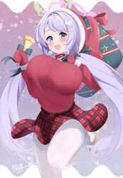  absurdres antlers bell blue_archive blue_eyes blush box breasts christmas elegant_(sumisumi4268) female fur-trimmed_mittens fur_trim gift gift_box hair_ornament hairclip halo hanae_(blue_archive) hanae_(christmas)_(blue_archive) heart heart_hair_ornament highres holding holding_bell horns large_breasts long_hair mittens oerba_yun_fang official_alternate_costume open_mouth oppai_loli pantyhose plaid plaid_skirt pom_pom_(clothes) purple_hair red_mittens red_skirt red_sweater reindeer_antlers ribbed_sweater skin_fang skirt snowflakes snowing solo sweater turtleneck turtleneck_sweater white_pantyhose 