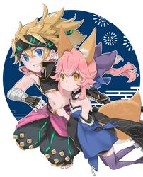  1boy aged_down animal_ear_fluff animal_ears bare_shoulders blonde_hair blue_bow blue_eyes blue_kimono blue_thighhighs bow commentary_request detached_sleeves fate/extra fate/grand_order fate_(series) female fox_ears fox_girl fox_tail gauntlets grin hair_between_eyes hairbow headband japanese_clothes kimono kurusu_piyo looking_at_viewer pink_hair sakata_kintoki_(fate) sakata_kintoki_(heian_warrior_attire)_(fate) smile split_ponytail tail tamamo_(fate) tamamo_no_mae_(fate/extra) thighhighs yellow_eyes zettai_ryouiki 