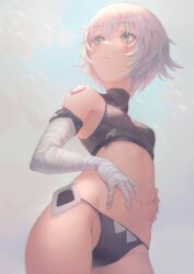  arm_belt bandaged_arm bandages bare_shoulders black_panties blush breasts closed_mouth commentary_request crop_top fate/apocrypha fate_(series) female green_eyes highres jack_the_ripper_(fate/apocrypha) looking_to_the_side lowleg lowleg_panties navel otsukemono panties scar scar_across_eye scar_on_cheek scar_on_face short_hair shoulder_tattoo small_breasts solo tattoo underwear white_hair 