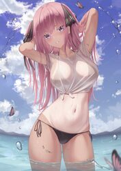  arms_behind_head arms_up ass_visible_through_thighs bikini bikini_under_clothes black_bikini black_ribbon breasts bug butterfly butterfly_hair_ornament cloud collarbone cowboy_shot crop_top day female front-tie_top go-toubun_no_hanayome hair_ornament hair_ribbon halterneck highres large_breasts long_hair looking_at_viewer marinesnow nakano_nino navel no_pants outdoors parted_lips pink_hair purple_eyes ribbon see-through shirt short_sleeves side-tie_bikini_bottom smile solo standing stomach string_bikini sunlight swimsuit t-shirt tan tanlines tied_shirt two_side_up wading water wet wet_clothes wet_shirt white_shirt 